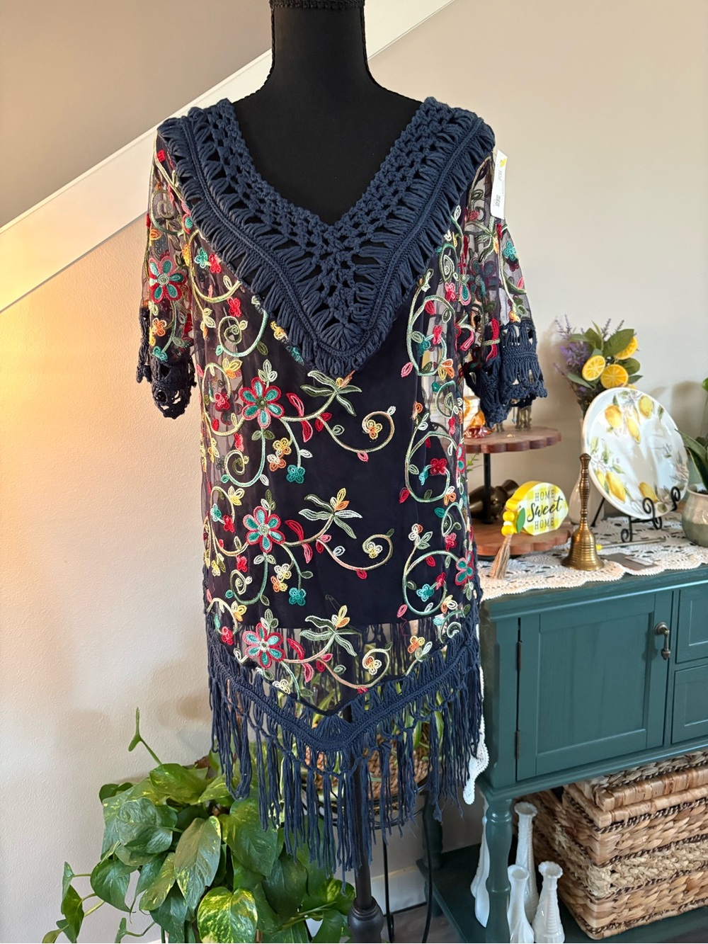 Navy Floral Embroidered Crochet-Trim Tunic